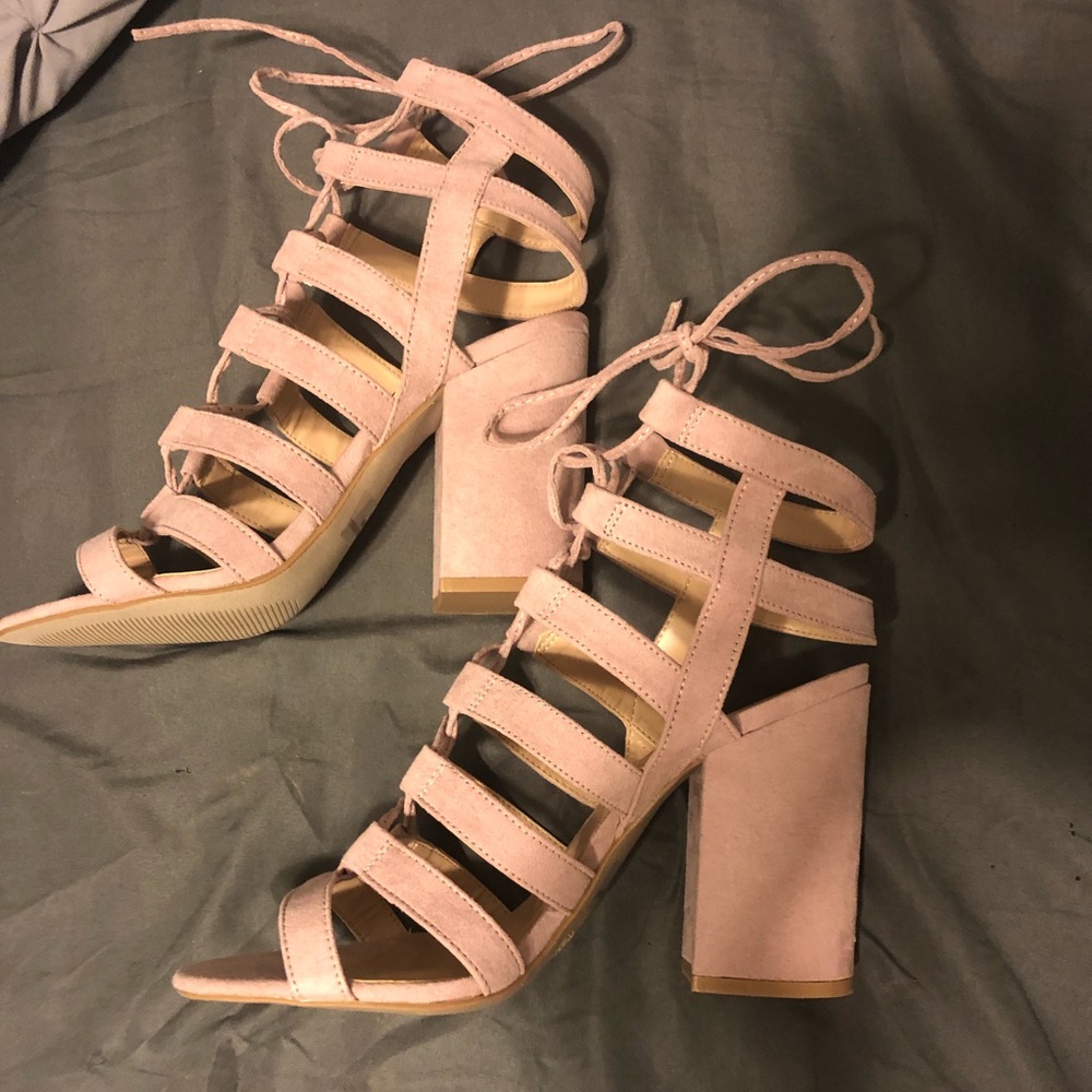 Light pink suede chunky heel